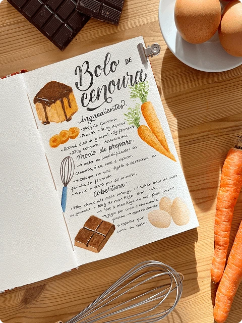 Composição de uma ilustração com aquarelas de um bolo de cenoura