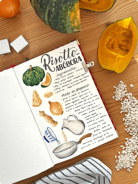 Ilustração de um risotto com aquarela