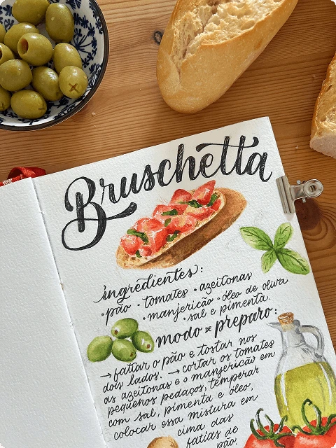 Ilustração de uma bruschetta com detalhes com aquarela